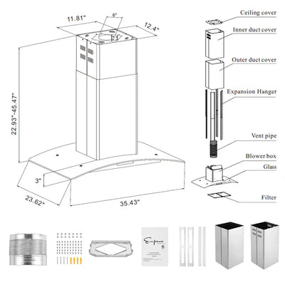 Empava 36 in. Kitchen 400 CFM Island Wall Mount Ducted Range Hood 36RH09 EMPV-36RH09