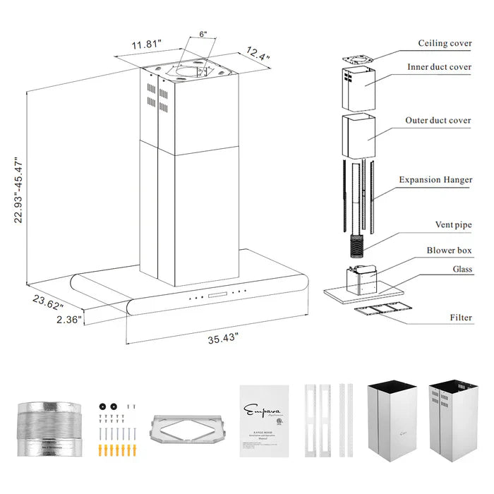 Empava 36 in. 400 CFM Island Wall Mount Ducted Range Hood 36RH10 EMPV-36RH10