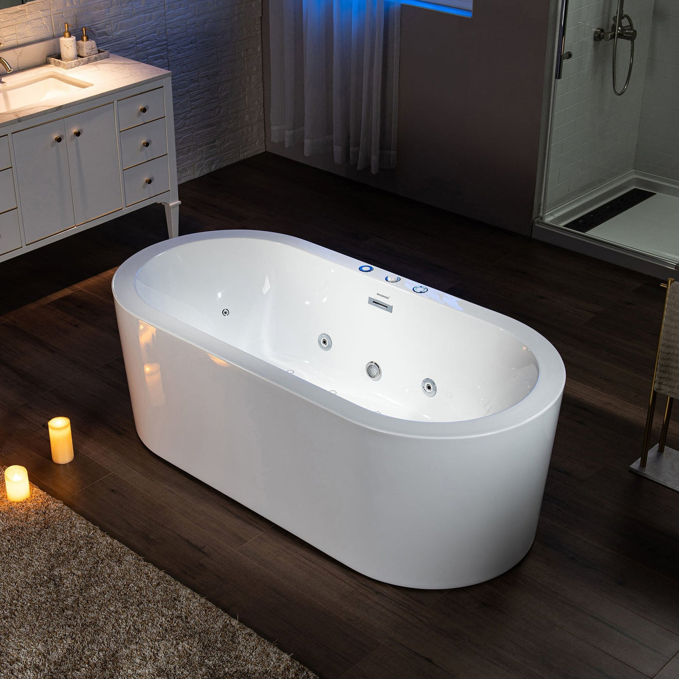 WoodBridge BJ200 67" White Acrylic Freestanding Whirlpool Water Jetted and Air Bubble Heated Soaking Bathtub