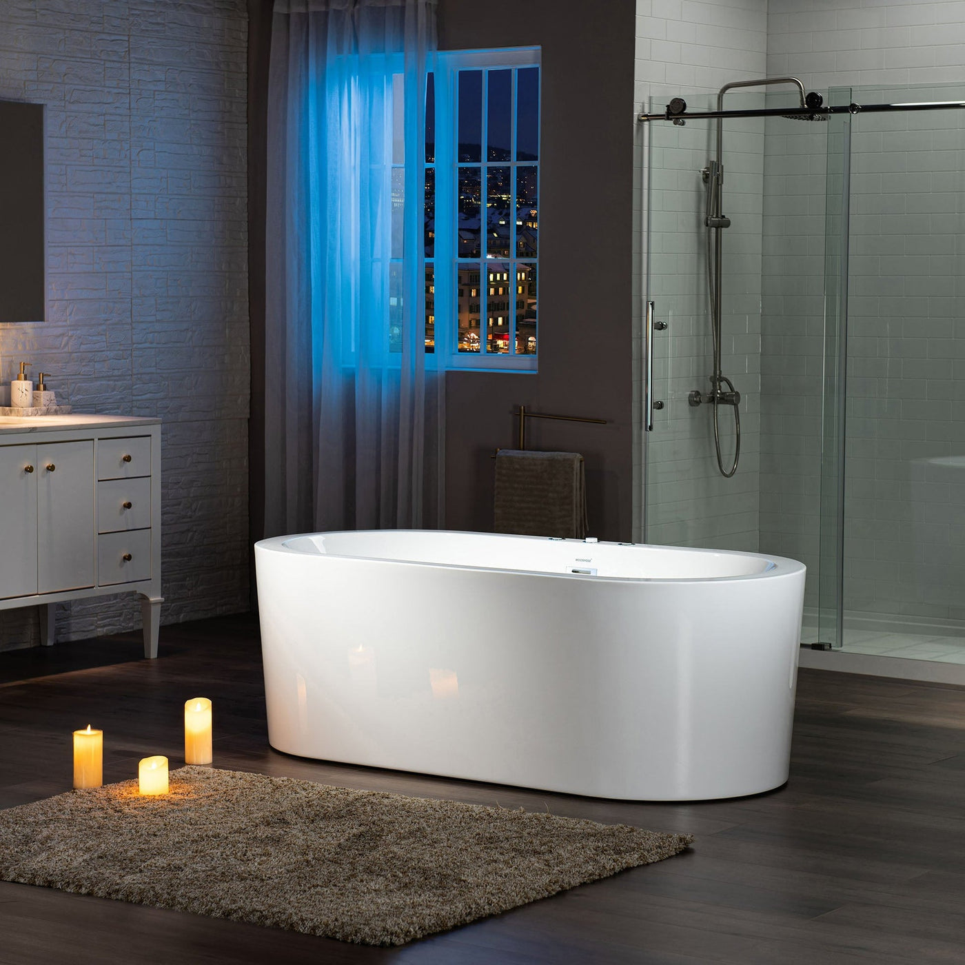 WoodBridge BJ200 67" White Acrylic Freestanding Whirlpool Water Jetted and Air Bubble Heated Soaking Bathtub