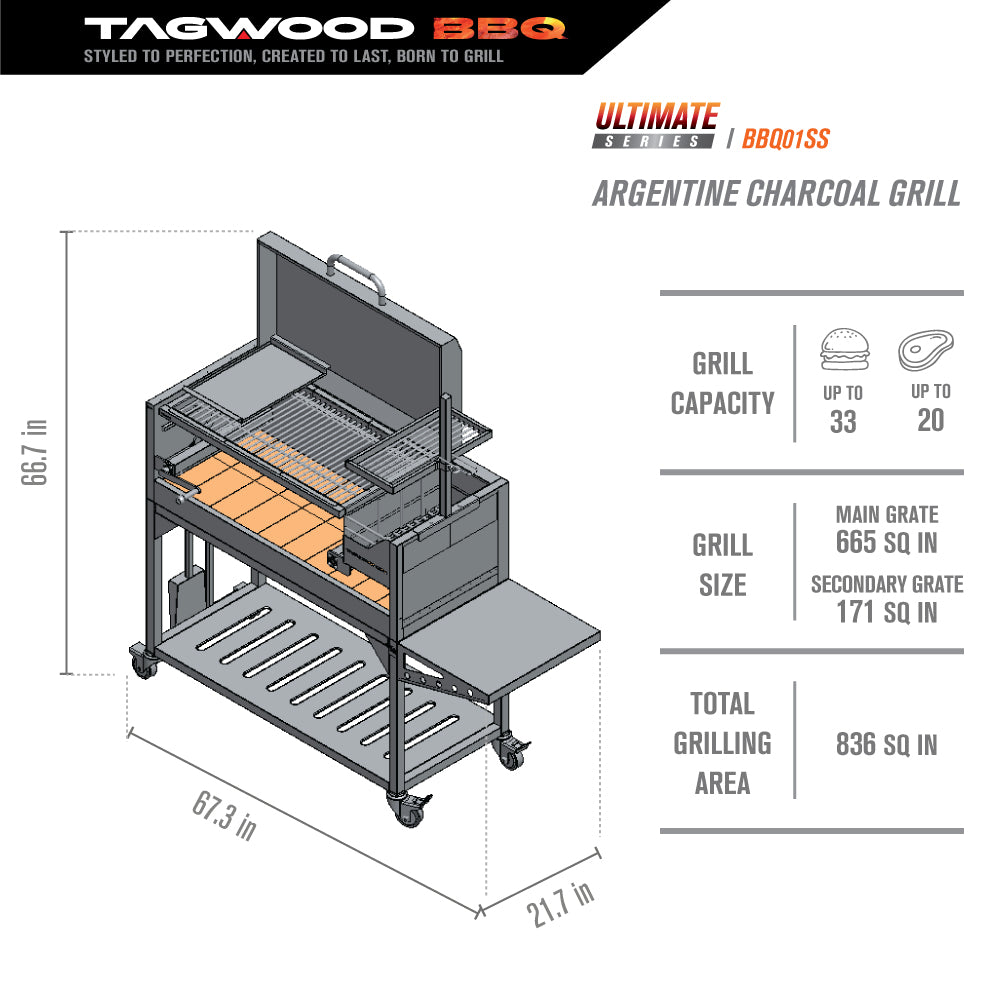 Tagwood BBQ Argentine Santa Maria Wood Fire & Charcoal Grill with Top Lid BBQ01SS