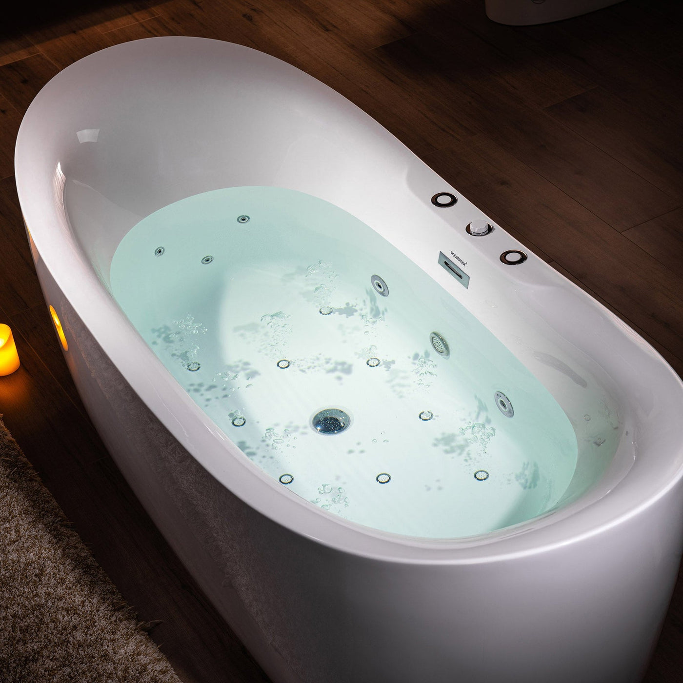 WoodBridge 71" White Acrylic Freestanding Whirlpool Water Jetted and Air Bubble Heated Soaking Bathtub