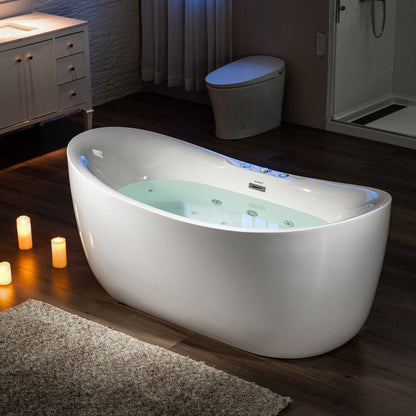 WoodBridge 71" White Acrylic Freestanding Whirlpool Water Jetted and Air Bubble Heated Soaking Bathtub