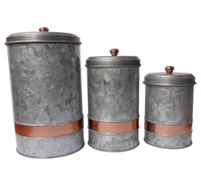 BENZARA Benzara Galvanized Metal Lidded Canister With Copper Band, Set of Three, Gray - BM177867