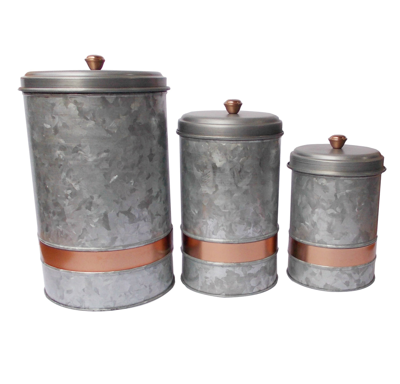 BENZARA Benzara Galvanized Metal Lidded Canister With Copper Band, Set of Three, Gray - BM177867