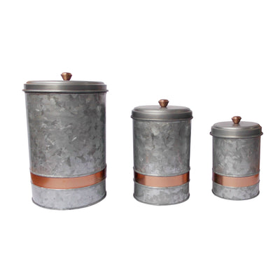 BENZARA Benzara Galvanized Metal Lidded Canister With Copper Band, Set of Three, Gray - BM177867