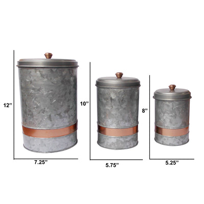 BENZARA Benzara Galvanized Metal Lidded Canister With Copper Band, Set of Three, Gray - BM177867