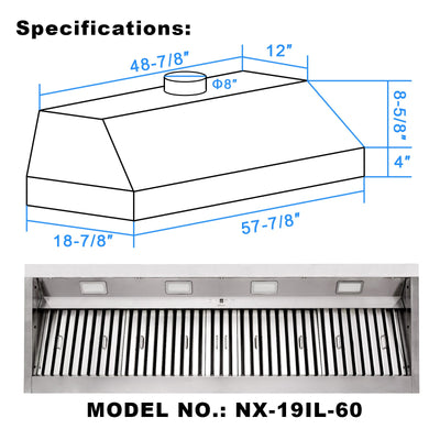 Range Hood Insert 60 Inch, 1200 CFM Built-in Kitchen Hood with 4 Speeds, Ultra-Quiet Stainless Steel Ducted Vent Hood Insert with Dimmable LED Lights and Dishwasher Safe Filter