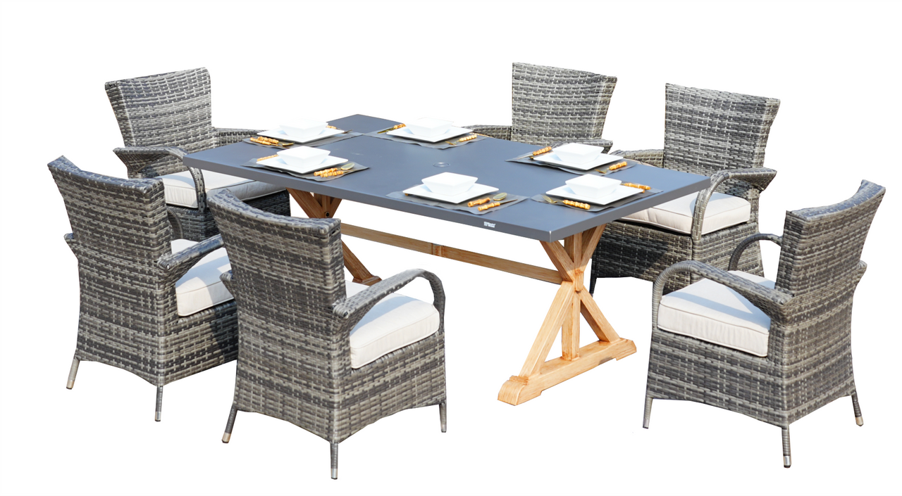 Direct Wicker Dining Table Set for 6 Aluminum Table with 6 Chairs in Gray