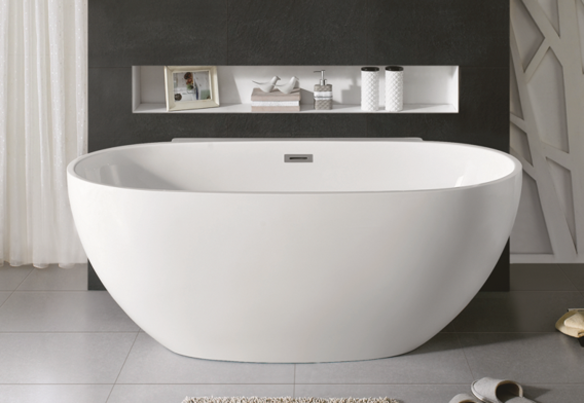 Design Element 65" Acrylic Center Drain Oval Double Ended Flat Bottom Freestanding Bathtub In Glossy White TB-277