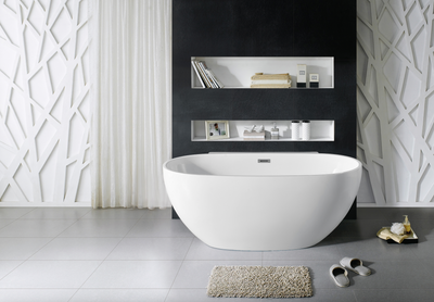 Design Element 65" Acrylic Center Drain Oval Double Ended Flat Bottom Freestanding Bathtub In Glossy White TB-277