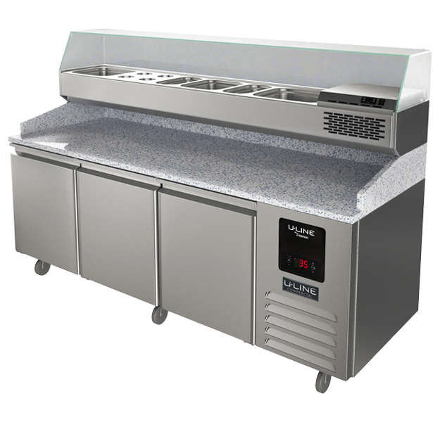 U-Line 3 Door Refrigerated Pizza Prep-Table + Condiment Rail UCPP588-SS61A