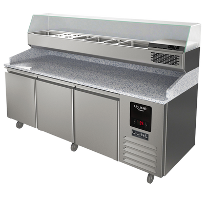 U-Line 3 Door Refrigerated Pizza Prep-Table + Condiment Rail UCPP588-SS61A