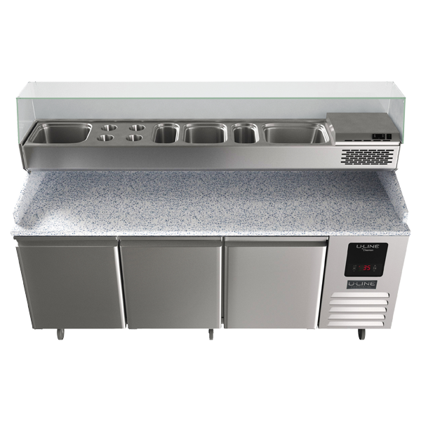 U-Line 3 Door Refrigerated Pizza Prep-Table + Condiment Rail UCPP588-SS61A