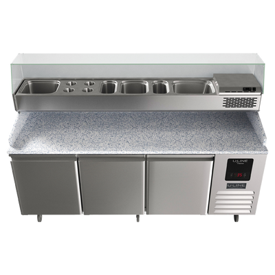 U-Line 3 Door Refrigerated Pizza Prep-Table + Condiment Rail UCPP588-SS61A