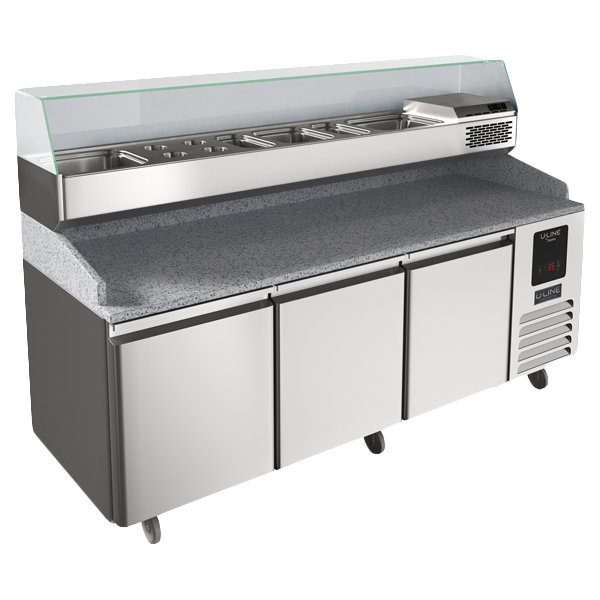 U-Line 3 Door Refrigerated Pizza Prep-Table + Condiment Rail UCPP588-SS61A