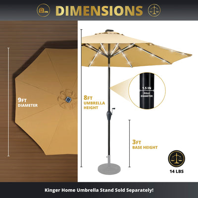 Kinger Home Stella 9ft Solar LED Light Patio Umbrella | Bright & UV Resistant