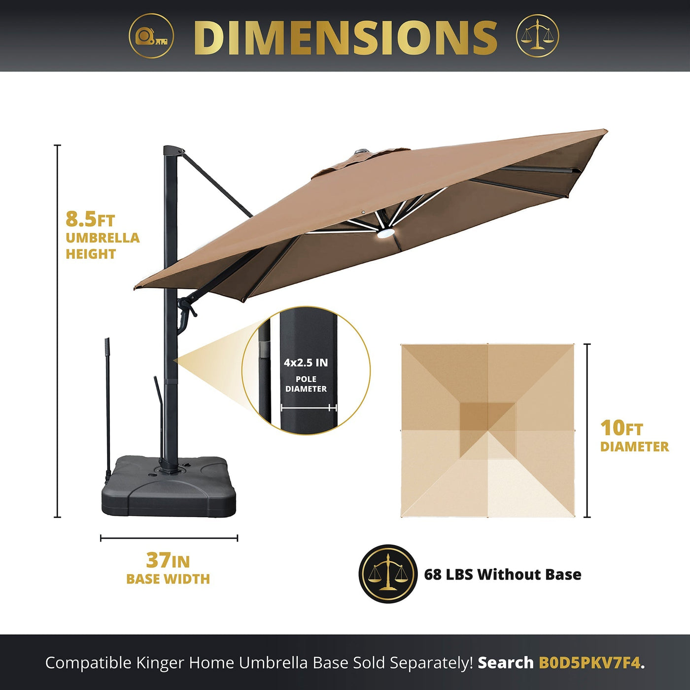 Kinger Home Astra 10ft Solar Cantilever Patio Umbrella with LED Lights