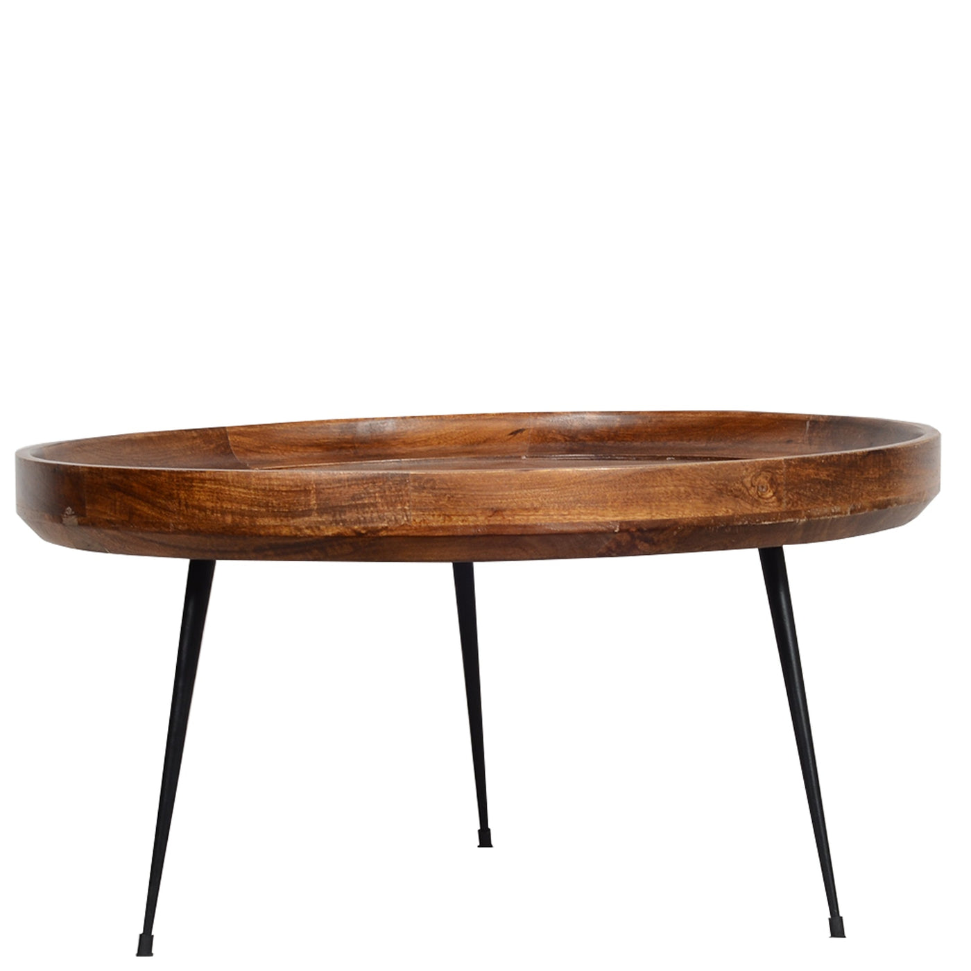 BENZARA Round Mango Wood Coffee Table With Splayed Metal Legs, Brown and Black - UPT-183000