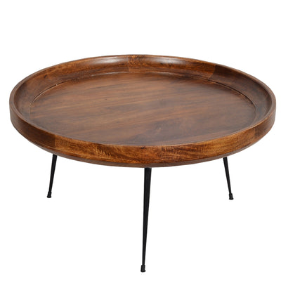 BENZARA Round Mango Wood Coffee Table With Splayed Metal Legs, Brown and Black - UPT-183000