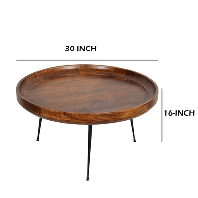 BENZARA Round Mango Wood Coffee Table With Splayed Metal Legs, Brown and Black - UPT-183000