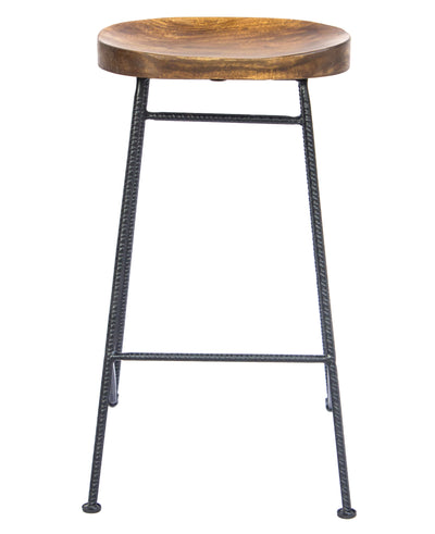 BENZARA Mango Wood Saddle Seat Bar Stool With Iron Rod Legs, Brown and Black - UPT-183797