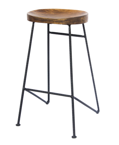 BENZARA Mango Wood Saddle Seat Bar Stool With Iron Rod Legs, Brown and Black - UPT-183797