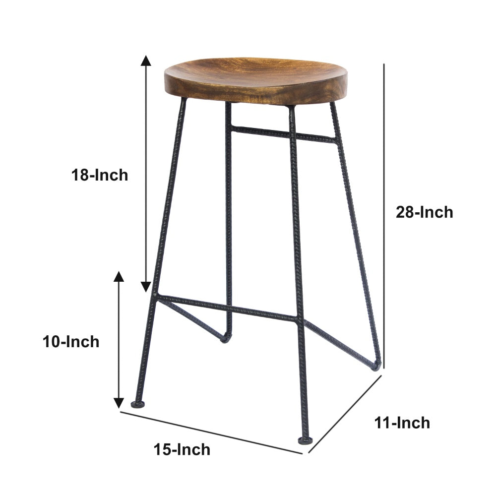 BENZARA Mango Wood Saddle Seat Bar Stool With Iron Rod Legs, Brown and Black - UPT-183797