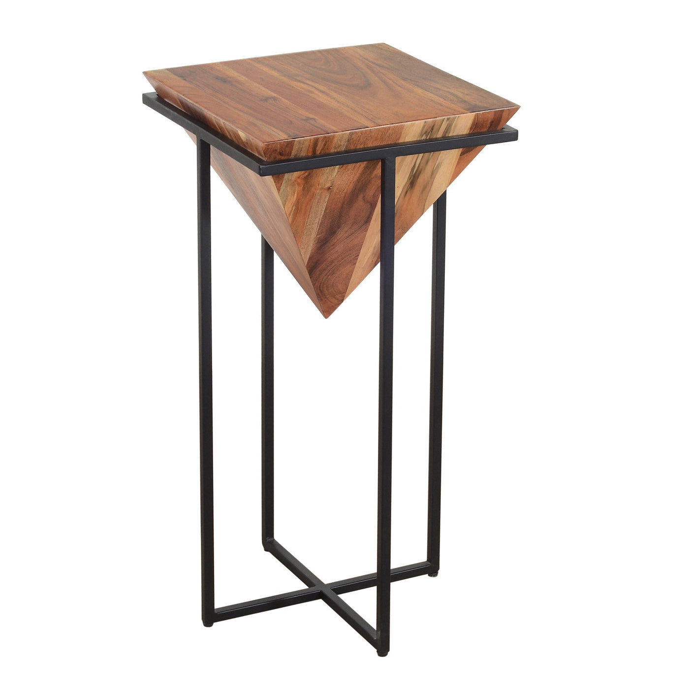 BENZARA 30 Inch Pyramid Shape Wooden Side Table With Cross Metal Base, Brown and Black - UPT-197870