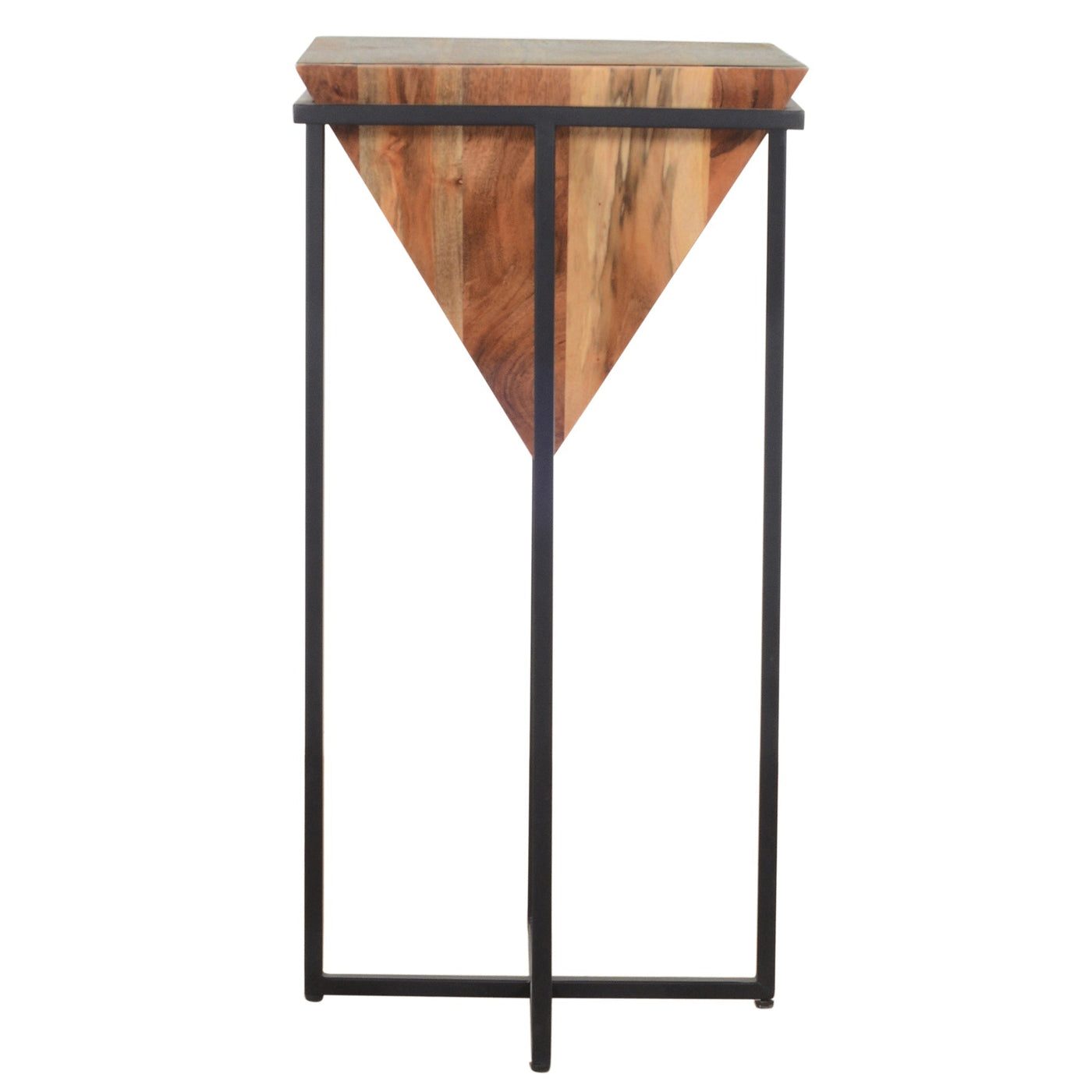 BENZARA 30 Inch Pyramid Shape Wooden Side Table With Cross Metal Base, Brown and Black - UPT-197870