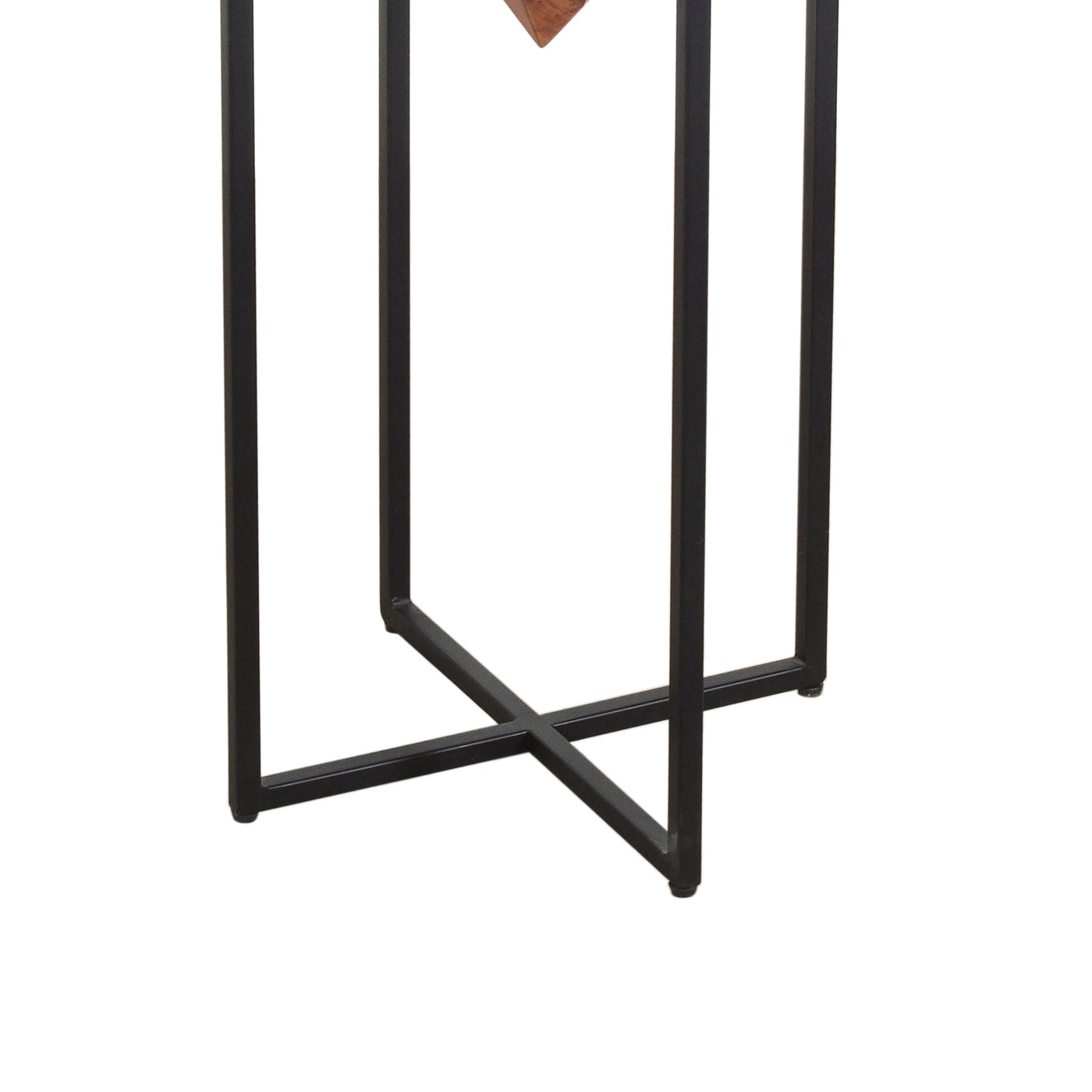 BENZARA 30 Inch Pyramid Shape Wooden Side Table With Cross Metal Base, Brown and Black - UPT-197870