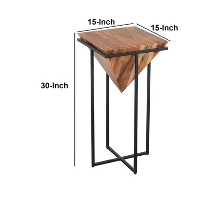 BENZARA 30 Inch Pyramid Shape Wooden Side Table With Cross Metal Base, Brown and Black - UPT-197870