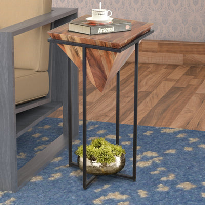 BENZARA 30 Inch Pyramid Shape Wooden Side Table With Cross Metal Base, Brown and Black - UPT-197870