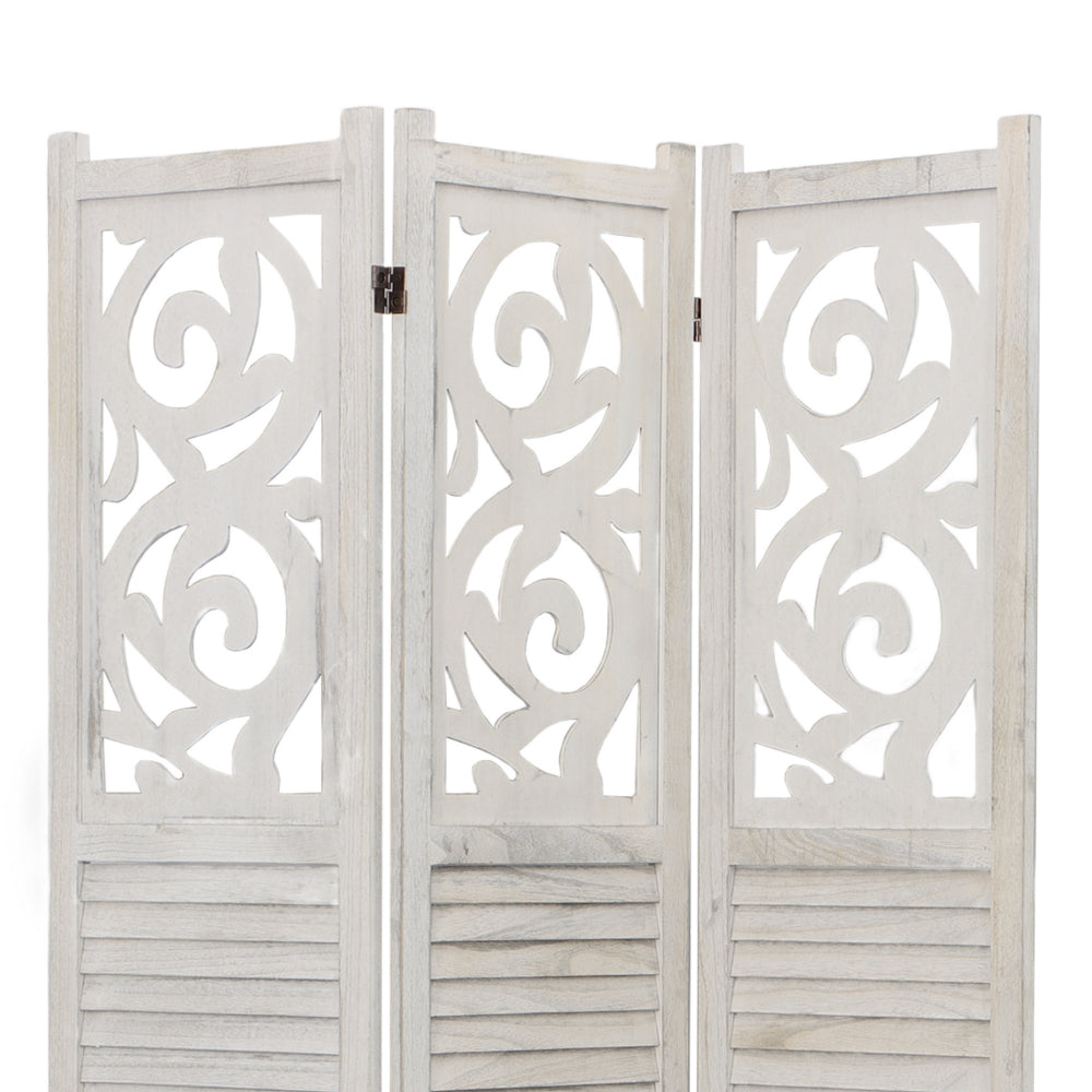 BENZARA 67 Inch Paulownia Wood Panel Divider Screen, Ornate Scrolled Shutter Design, 3 Panels, Rustic Gray - UPT-230660