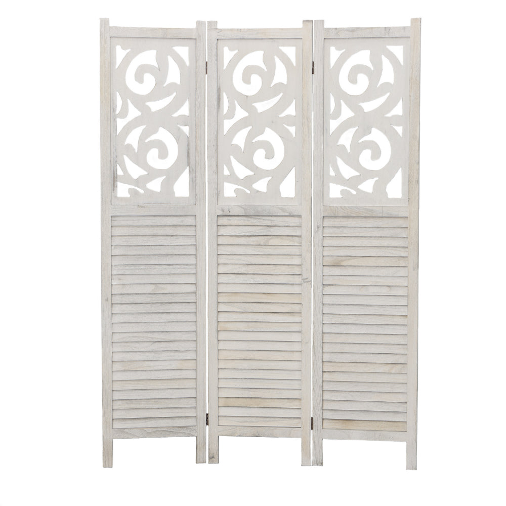 BENZARA 67 Inch Paulownia Wood Panel Divider Screen, Ornate Scrolled Shutter Design, 3 Panels, Rustic Gray - UPT-230660