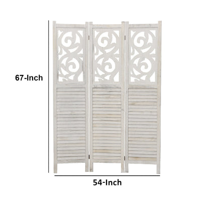 BENZARA 67 Inch Paulownia Wood Panel Divider Screen, Ornate Scrolled Shutter Design, 3 Panels, Rustic Gray - UPT-230660