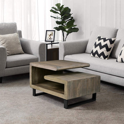 BENZARA 30 Inch Handcrafted Geometric G Coffee Table, Weathered Gray Mango Wood Frame, Black Powder Coated Base - UPT-270551