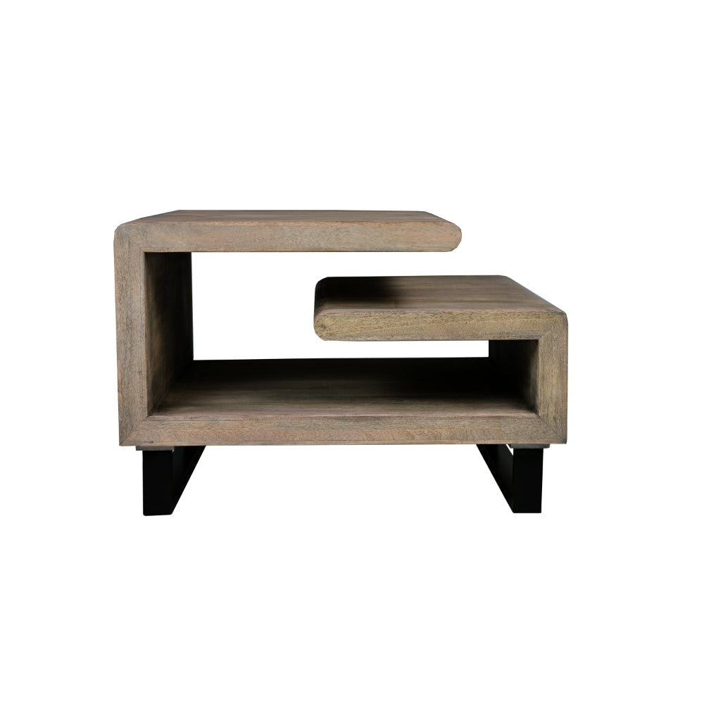 BENZARA 30 Inch Handcrafted Geometric G Coffee Table, Weathered Gray Mango Wood Frame, Black Powder Coated Base - UPT-270551