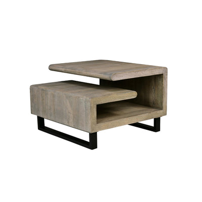 BENZARA 30 Inch Handcrafted Geometric G Coffee Table, Weathered Gray Mango Wood Frame, Black Powder Coated Base - UPT-270551