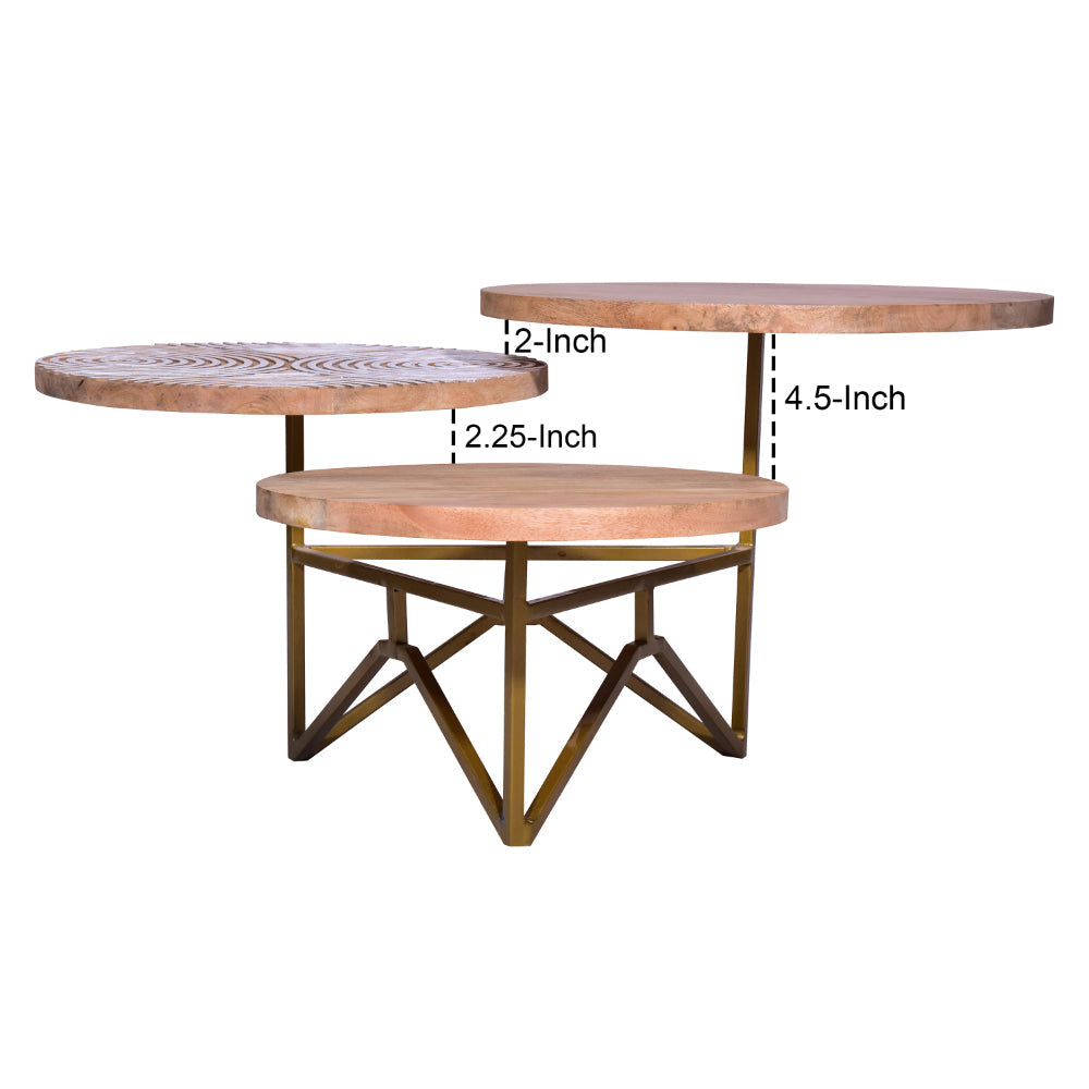 BENZARA Ally 33 Inch Modern Round Coffee Table, 3 Tier Design, Washed and Carved, Natural Mango Wood, Gold Frame - UPT-272537