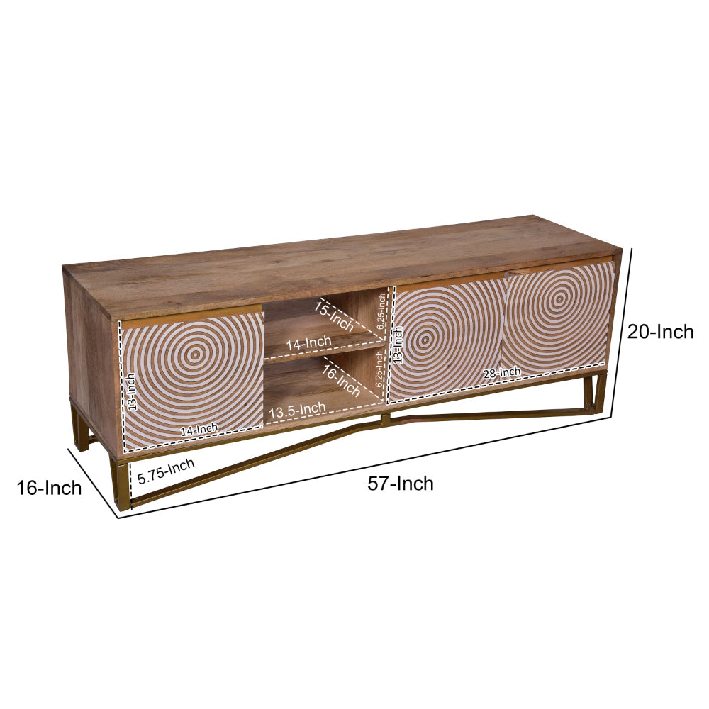 BENZARA Ally 57 Inch TV Media Entertainment Cabinet Console, Mango Wood With Metal Base, Natural Brown, Gold - UPT-272538