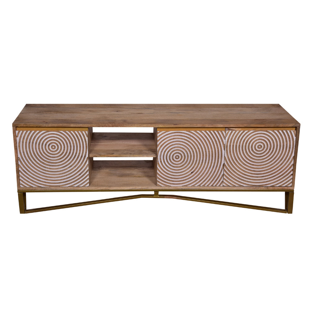 BENZARA Ally 57 Inch TV Media Entertainment Cabinet Console, Mango Wood With Metal Base, Natural Brown, Gold - UPT-272538