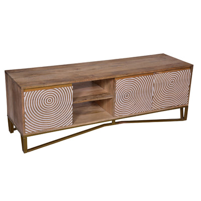 BENZARA Ally 57 Inch TV Media Entertainment Cabinet Console, Mango Wood With Metal Base, Natural Brown, Gold - UPT-272538