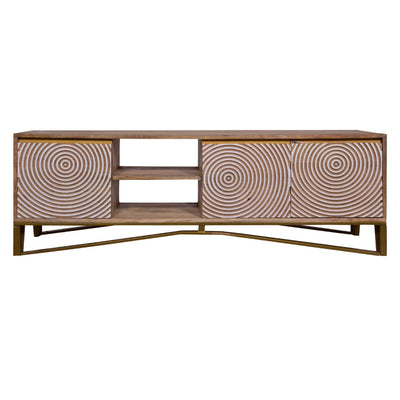 BENZARA Ally 57 Inch TV Media Entertainment Cabinet Console, Mango Wood With Metal Base, Natural Brown, Gold - UPT-272538