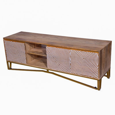 BENZARA Ally 57 Inch TV Media Entertainment Cabinet Console, Mango Wood With Metal Base, Natural Brown, Gold - UPT-272538