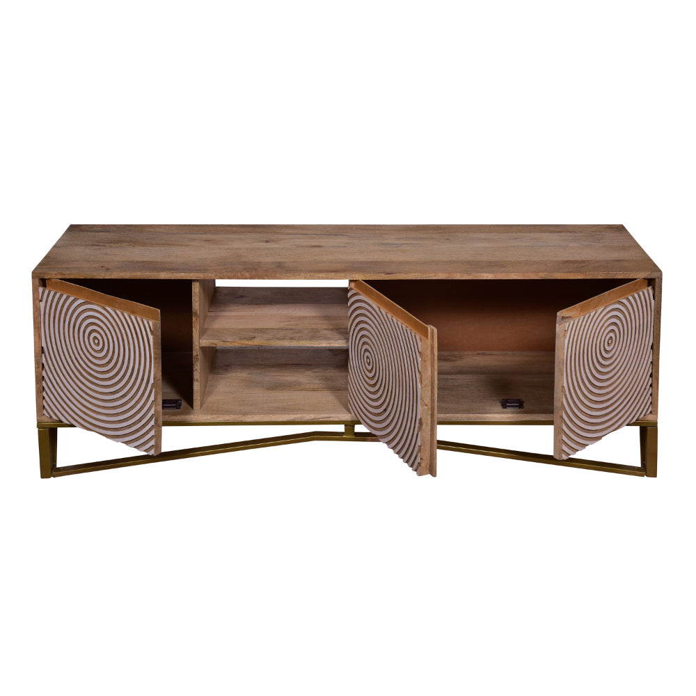 BENZARA Ally 57 Inch TV Media Entertainment Cabinet Console, Mango Wood With Metal Base, Natural Brown, Gold - UPT-272538