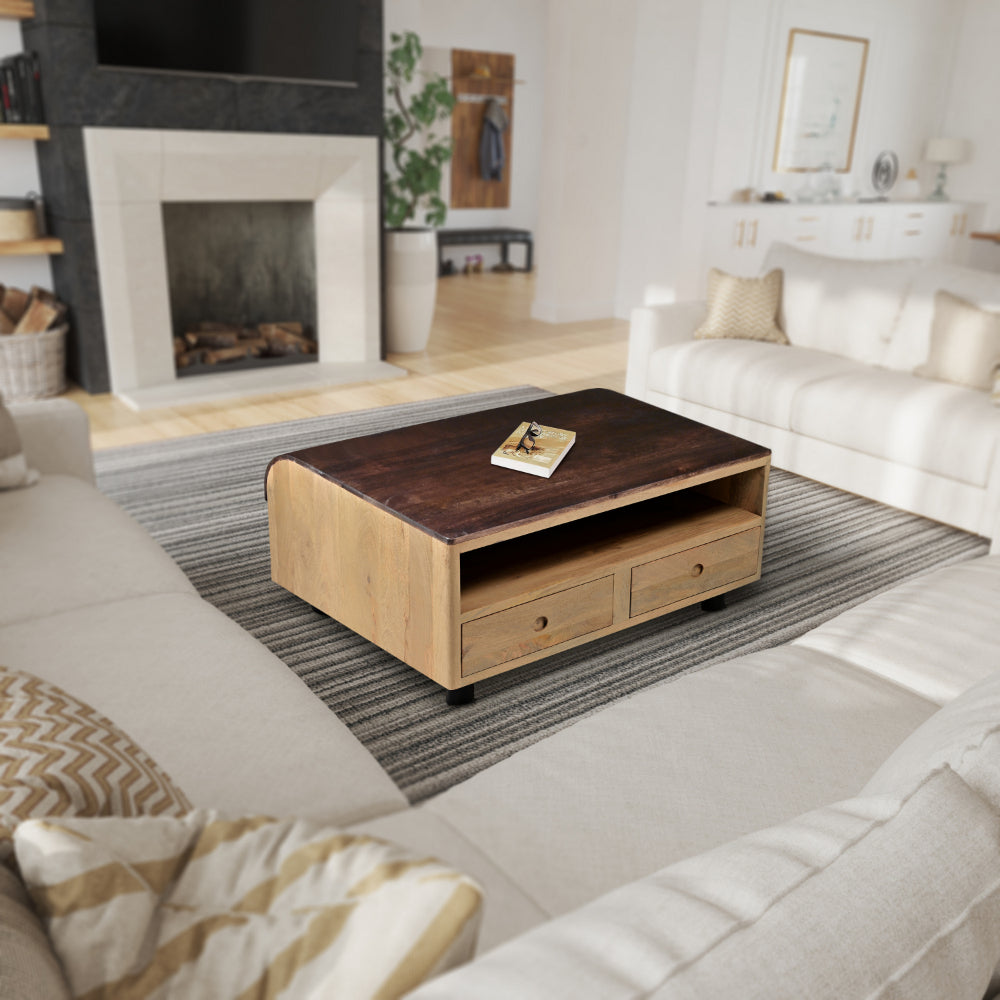 BENZARA 36 Inch Modern Mango Wood Coffee Table, Drip Design Walnut Brown Surface, Oak White Frame - UPT-272892