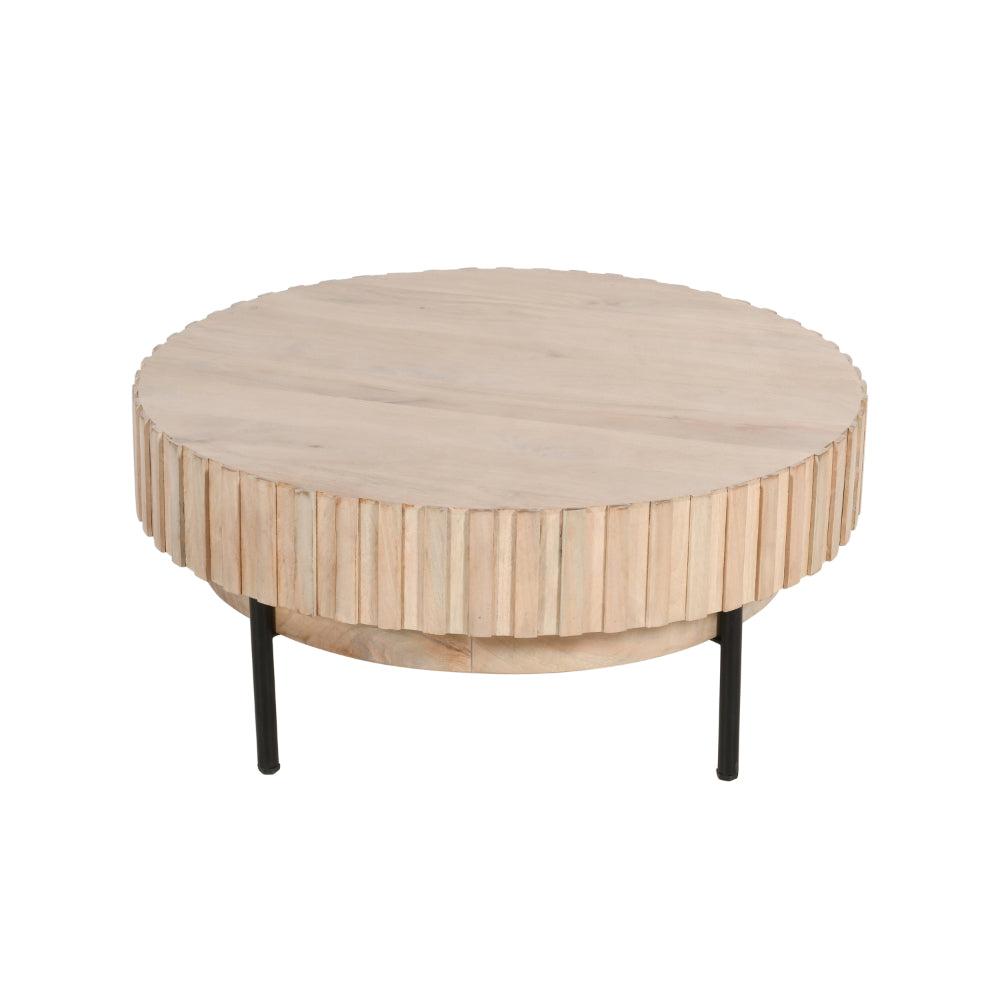 BENZARA 36 Inch Modern Handcrafted Round Coffee Table, Oak White Wood Top with Grooved Edges, Black Iron Legs - UPT-293347