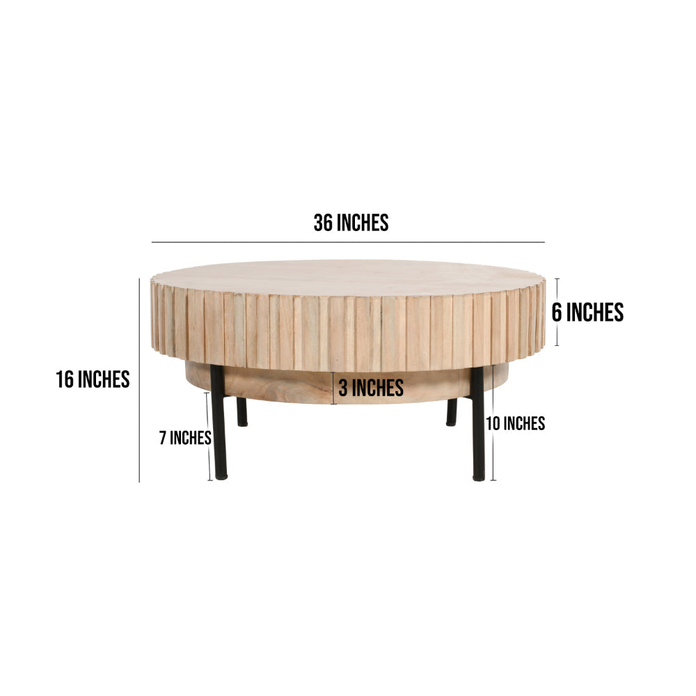 BENZARA 36 Inch Modern Handcrafted Round Coffee Table, Oak White Wood Top with Grooved Edges, Black Iron Legs - UPT-293347