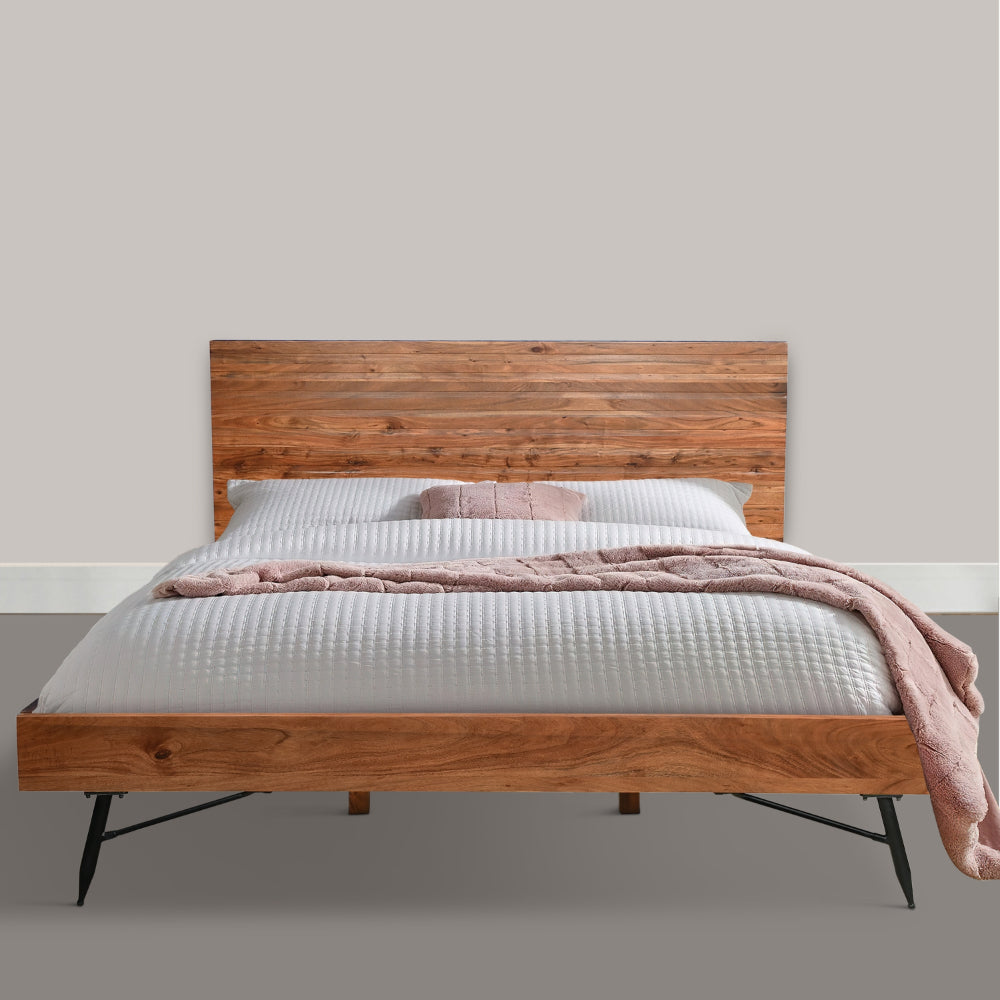 BENZARA Bree Modern Rustic King Size Platform Bed, Brown Acacia Wood Frame, Black Metal Angled Legs - UPT-293425